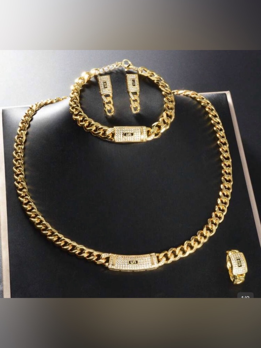 Gold-stainless steel Tone Cuban Link Necklace, Bracelet and Earring Set - Picture 2 of 5